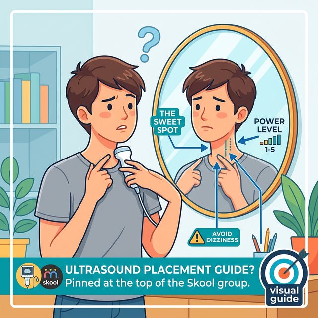 Illustrated placement guide: a man checks a mirror while holding an ultrasound device to the side of his neck