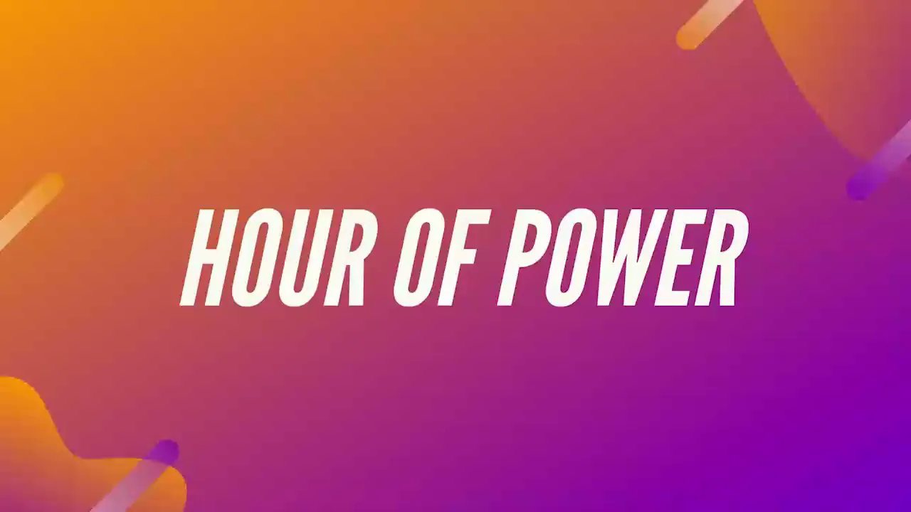 Hour of Power, in white letters on an orange-to-violet sunrise gradient