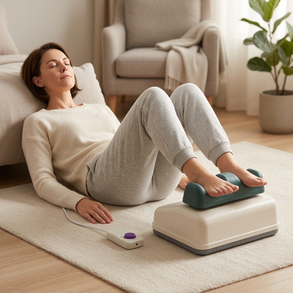 A person lying on the floor with their ankles resting on a chi swing machine, eyes closed and relaxed
