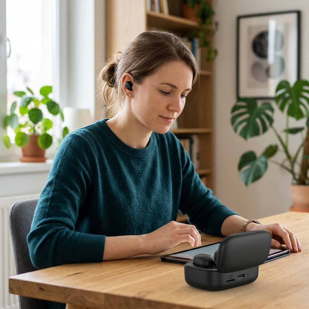 A person wearing a tiny wireless earbud at a desk with the open charging case in front of them