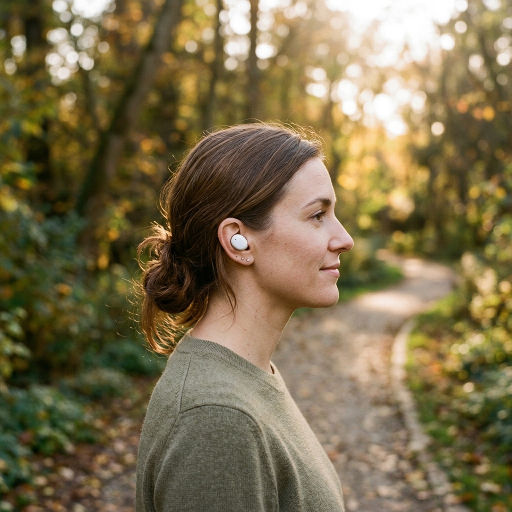 A person walking calmly on a sun-dappled forest path wearing a tiny white minimalist wireless earbud