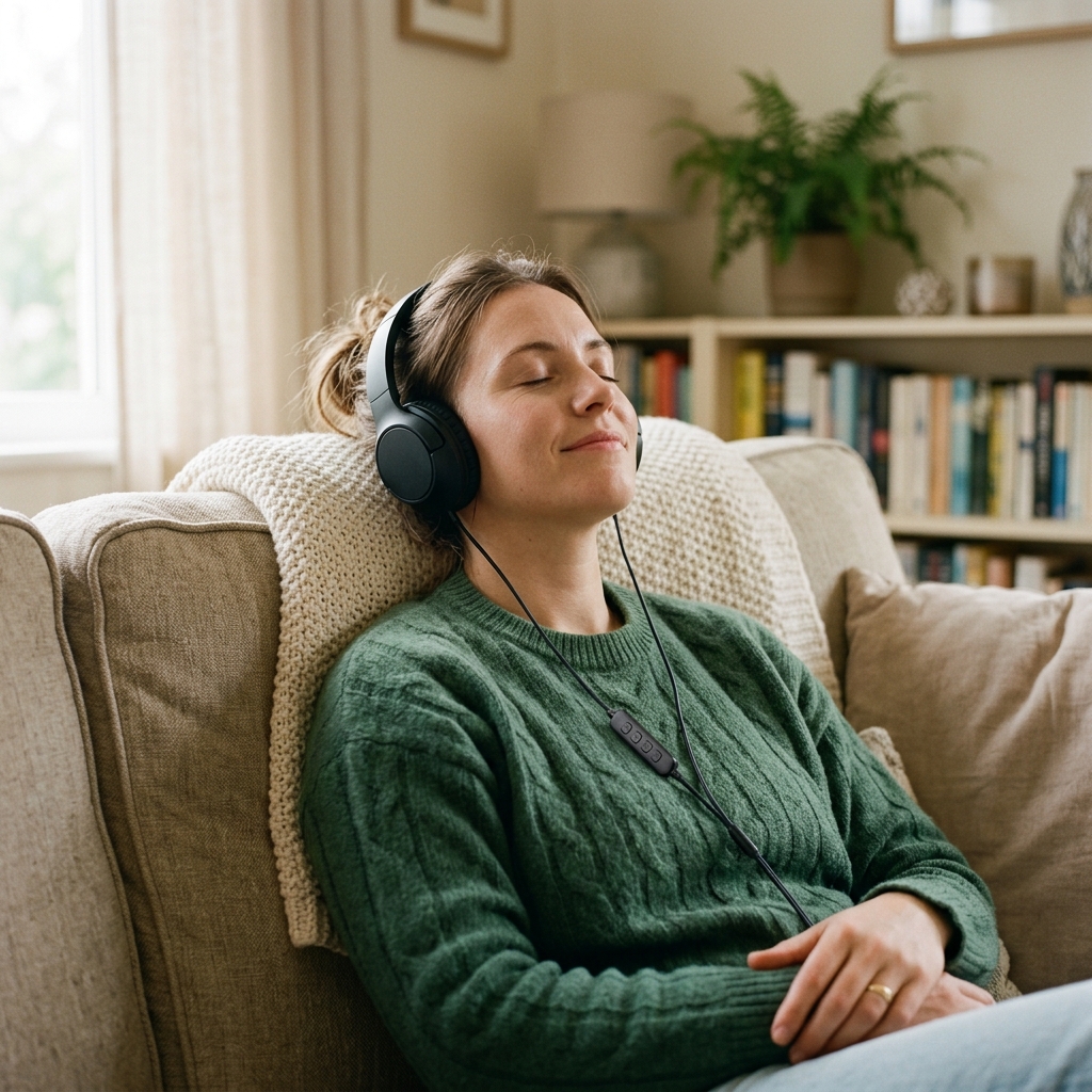 A person on a couch with eyes closed wearing classic over-ear black wired headphones, the inline control module visible on the cable