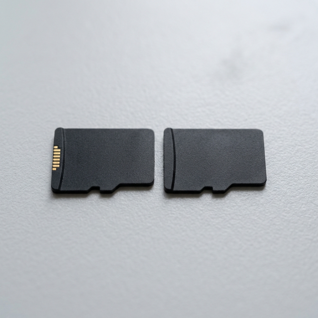 Two small black microSD memory cards on a clean grey surface