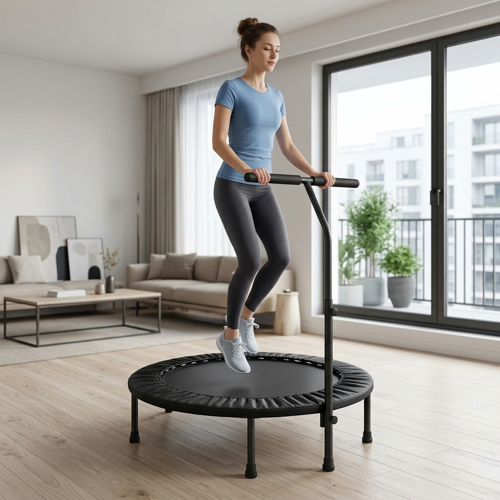 A person bouncing lightly on a 38-inch mini fitness rebounder trampoline with handlebar in a modern living room
