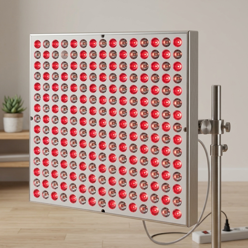 A combination 660nm red and 850nm near-infrared LED light therapy panel on an adjustable stand in a modern wellness room