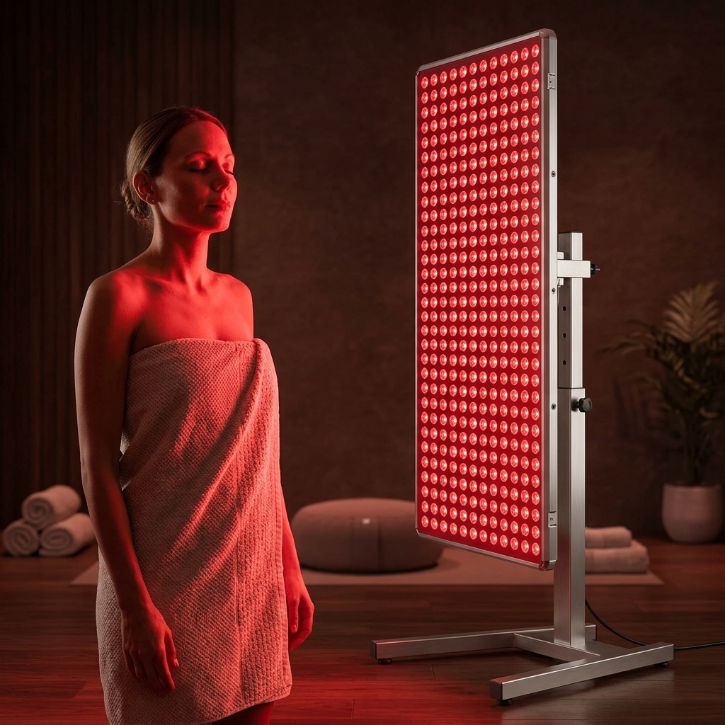 A person standing in front of a full-body 660nm red light therapy panel in a modern wellness studio