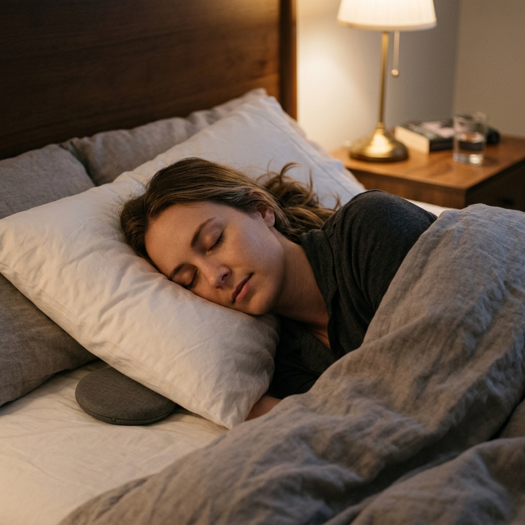 A person peacefully asleep with a small disc-shaped pillow speaker tucked under the corner of their pillow
