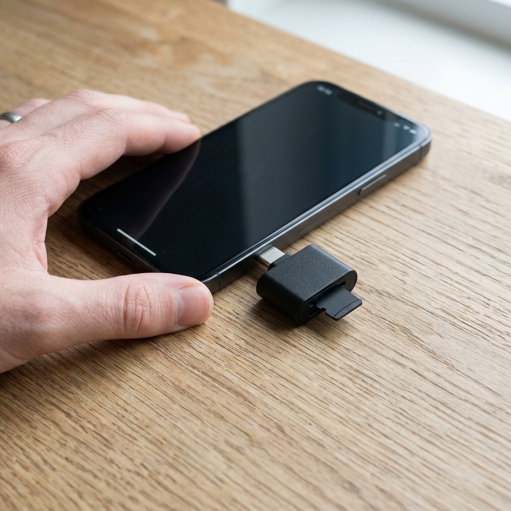 A small USB-C microSD card reader dongle plugged into a smartphone on a wooden desk