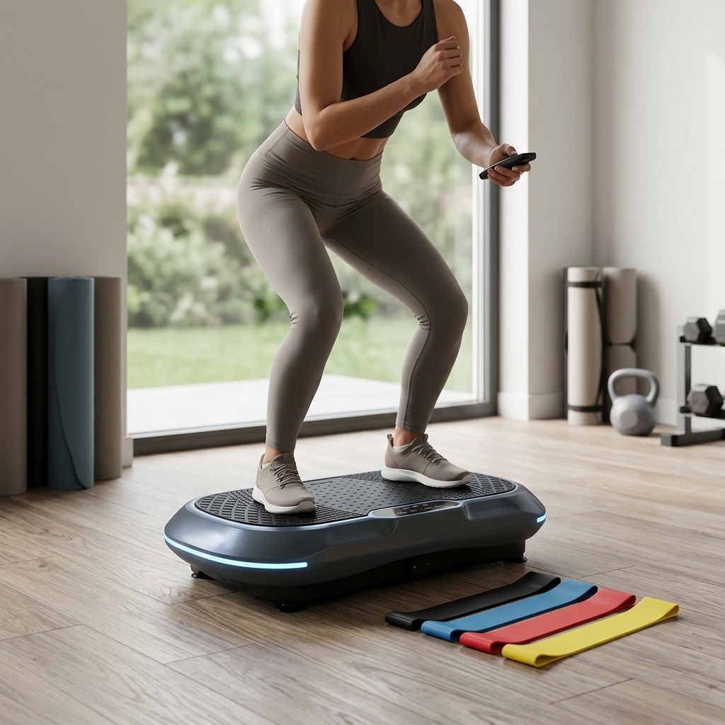 A person doing a squat on a whole-body vibration platform with resistance bands