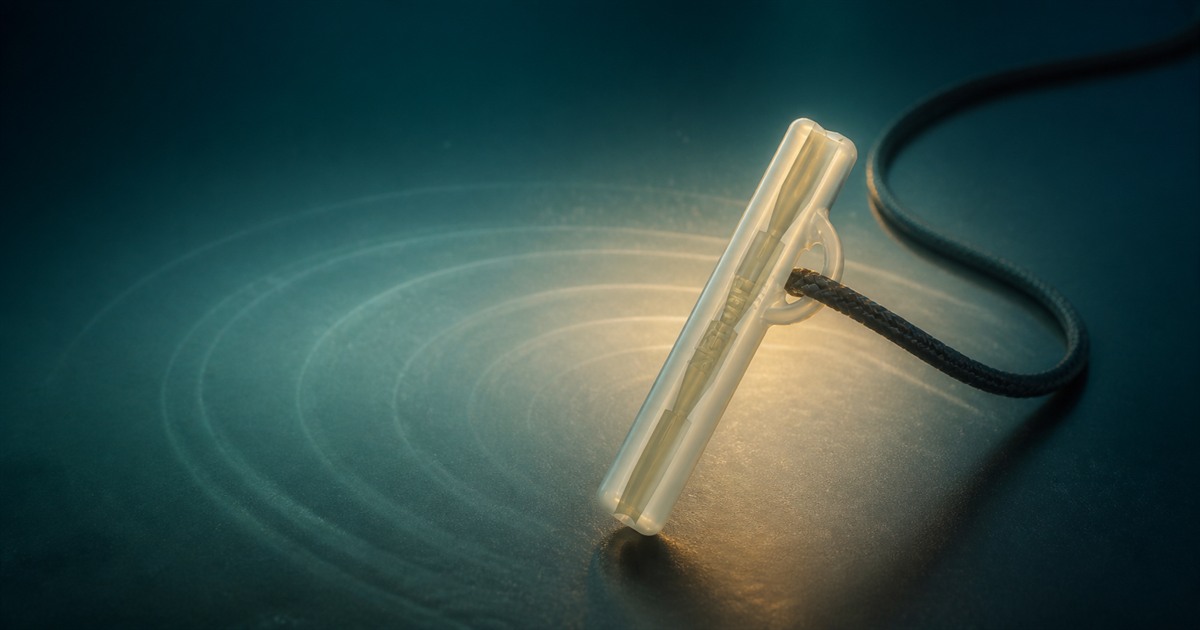 The translucent Nemuri breathwork pendant on a dark cord